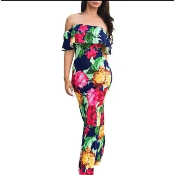 Suimiki Off Shoulder Cruise/Summer Wear Floral Maxi Dress Sz. XL Blue/Pi… - Picture 2 of 8
